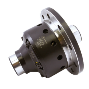 A metal differential, likely for a car, with a black and silver finish, circular flanges, and multiple holes around its body, placed against a plain white background.