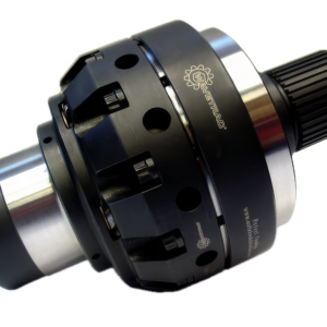 A close-up of a black and silver industrial coupling device with multiple bolts and a gear logo, likely used for mechanical or engineering applications.
