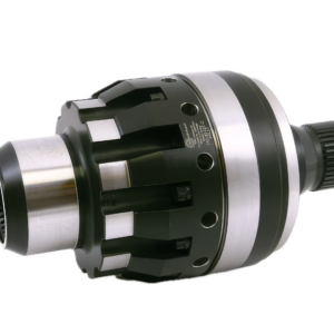 A close-up of a metal automotive differential, showing gears and housing with a shiny, polished finish, used for distributing torque between wheels in vehicles.