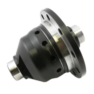 A metal limited slip differential with a black housing, silver accents, and multiple bolt holes, shown against a white background.