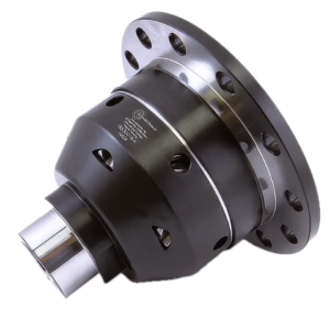 A close-up view of a metal automotive differential, featuring several round holes and a combination of matt black and shiny silver surfaces, placed against a plain white background.