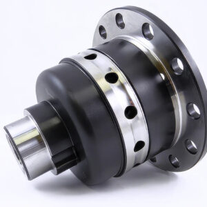 Close-up of a metal automotive differential with multiple bolt holes and polished surfaces, displaying a sleek, industrial design against a plain white background.