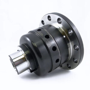 A close-up of a metal differential, featuring a cylindrical shape, multiple holes, and polished surfaces, isolated on a white background.