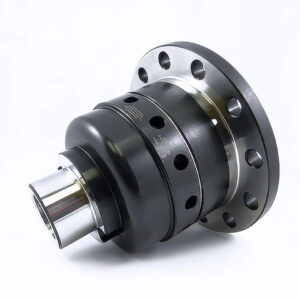 A close-up view of a shiny mechanical part, likely a metal differential or coupling, with multiple holes around a circular flange, set against a plain white background.