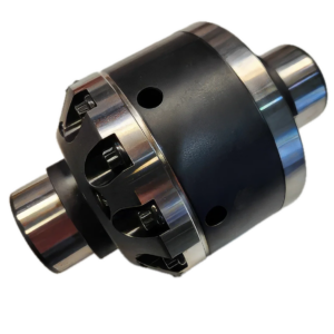 A close-up of a heavy-duty metal mechanical part, possibly a differential or coupling, featuring polished cylindrical ends and exposed roller bearings.