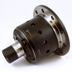 A close-up of a limited slip differential for a car, showing its black metal housing, circular flange with bolt holes, and branded logo, placed on a white background.