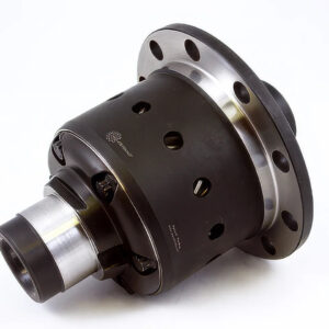 A close-up of a metal automotive differential, featuring a black cylindrical body with circular cut-outs and a silver flange with bolt holes, set against a white background.