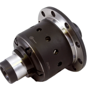 A mechanical differential, primarily black with silver metal edges and holes, featuring a flanged end and cylindrical body, set against a white background.