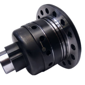 A black metal automotive differential with multiple circular holes and a shiny silver end, angled on a plain white background.