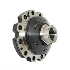 A metal automotive limited-slip differential with circular holes and a polished surface, shown against a white background.