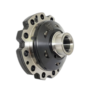 A metal automotive differential, featuring a black and silver design with multiple bolt holes and a cylindrical centre opening, is shown on a plain white background.