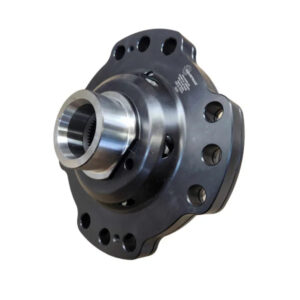 A close-up of a metallic automotive differential with multiple bolt holes and a polished central hub, shown against a white background.