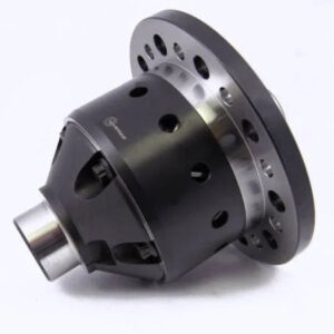 A metal automotive differential with multiple holes and a shiny finish, placed on a white background at an angle.