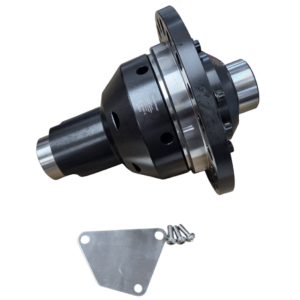 A metal automotive differential component with a flange, alongside a flat metal mounting plate and three screws, placed on a white background.