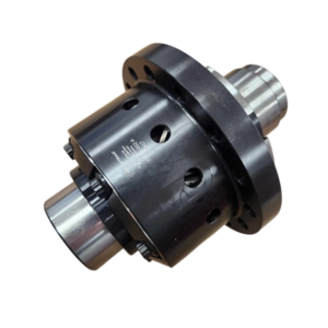 A close-up of a black and silver metal mechanical component, likely a differential or coupling, with multiple holes and cylindrical extensions on each side, set against a white background.