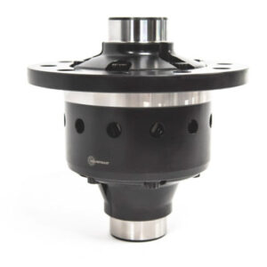 A close-up of a black and silver automotive differential with circular holes and a flanged top, photographed against a white background.
