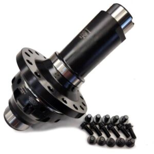 A black metal automotive differential with a flange and cylindrical sections, shown alongside eight bolts on a white background.