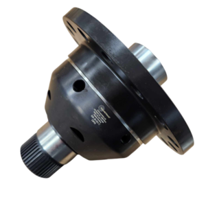A black metal mechanical part, possibly a differential or gearbox component, with flanges and holes, positioned diagonally on a white background.
