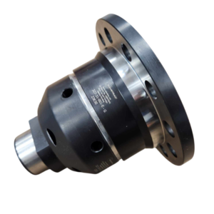 A close-up of a mechanical coupling device made of metal, featuring a flanged end with multiple holes and a cylindrical body with machined surfaces, photographed against a white background.