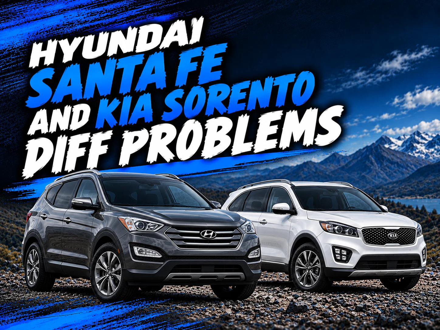 A dark grey Hyundai Santa Fe and a white Kia Sorento parked on a gravel surface with mountains in the background, captioned “Hyundai Santa Fe and Kia Sorento diff problems.”